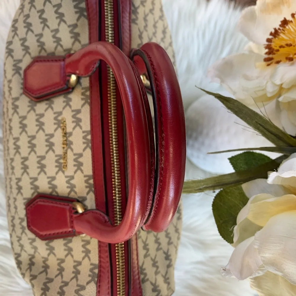 Michael Kors Mercer Medium Duffle Satchel Cherry Red/Tan Leather